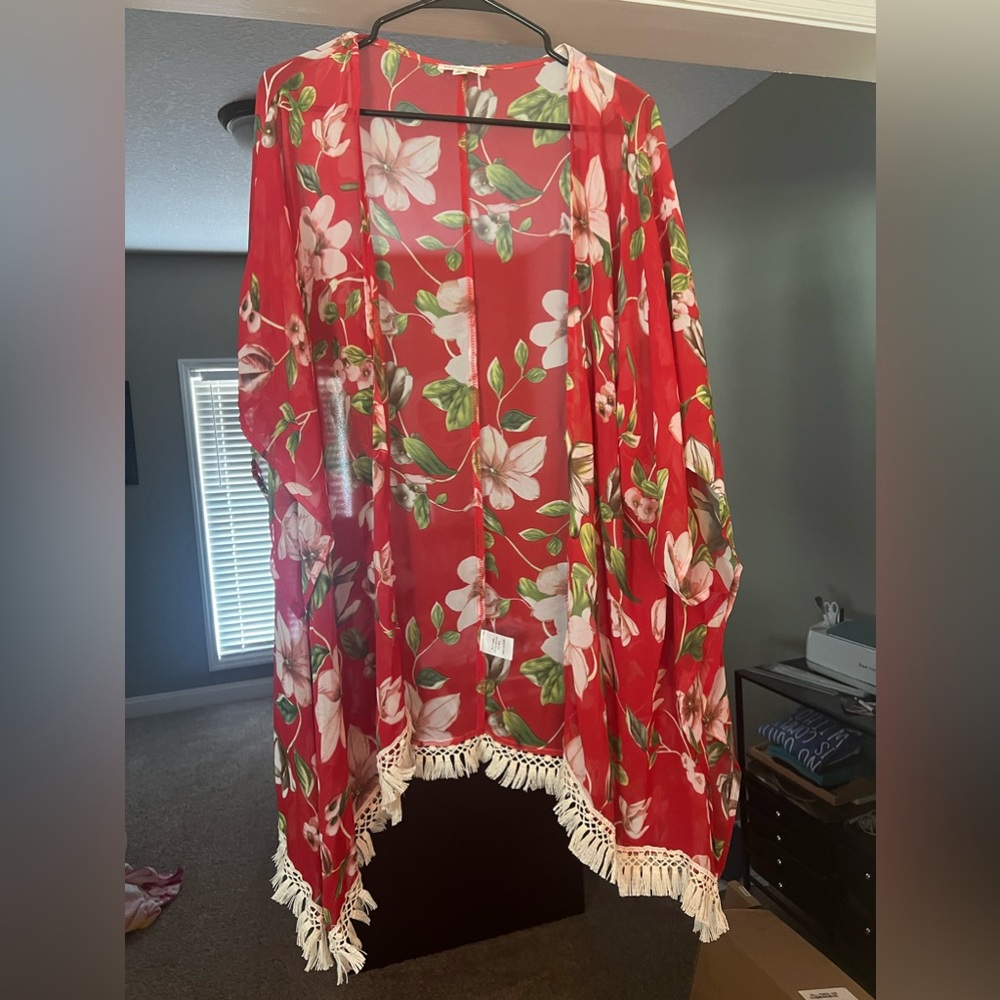 Sheer red floral kimono size M/L